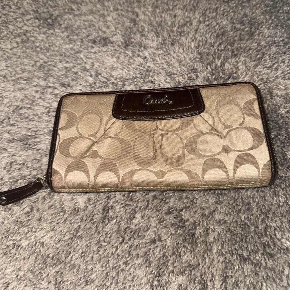 Coach Signature Brown Zip-Around Continental Wallet with Leather Trim